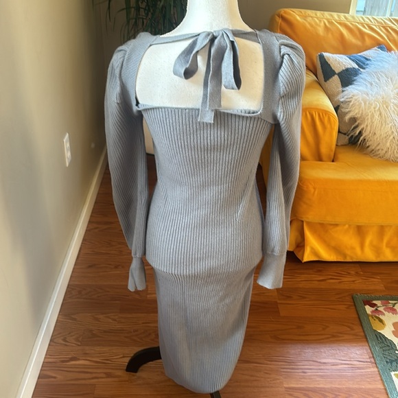 House of Harlow 1960 Dune Blue Knit Ribbed Long Sleeve Square Neck Dress Sz Med - Picture 4 of 10